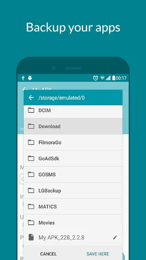 Backup interface with folder selection dialog showing storage locations for app backup files