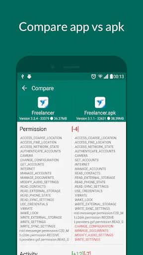 App vs APK comparison view showing permissions differences between Freelancer app and its APK file