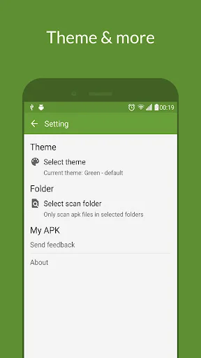 Settings menu with theme selection, folder configuration, feedback options, and app information
