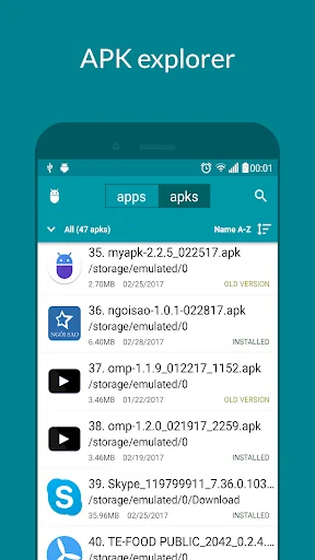 APK explorer displaying backup APK files with sizes, dates, and storage location paths sorted alphabetically