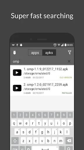 Super fast search feature showing APK search results with file details and on-screen keyboard input
