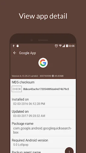 App detail view displaying version, MD5 checksum, installation date, and package information for Google App