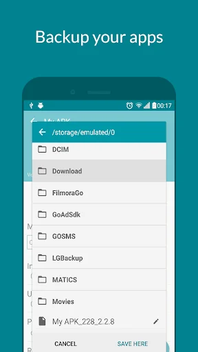 Backup dialog for selecting destination folder to save and backup installed apps in My APK storage