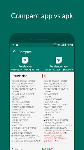 Compare feature showing side-by-side app versus APK versions with permissions differences highlighted in red