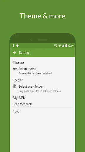 Settings screen with theme selection, scan folder option, feedback, and about information in My APK