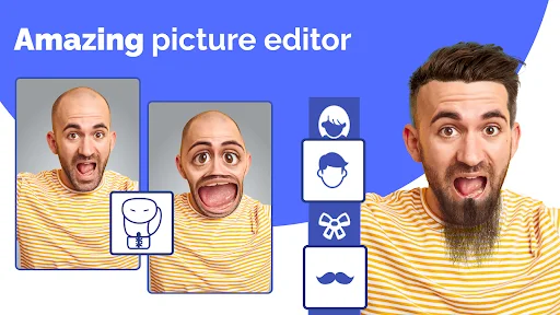 Face Changer app editor showing face swap and hairstyle change tools with mustache and hair editing options