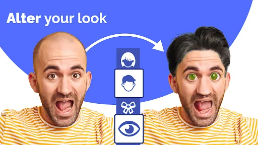 Face editing app showing hairstyle swap from bald to dark hair with eye color change to bright green