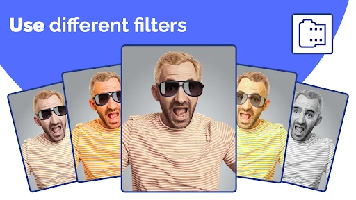 Face Changer filter gallery displaying multiple photo filters with sunglasses effects on single portrait
