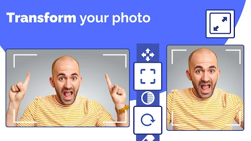 Transform photo feature showing before and after face editing with rotation and crop tools in Face Changer app