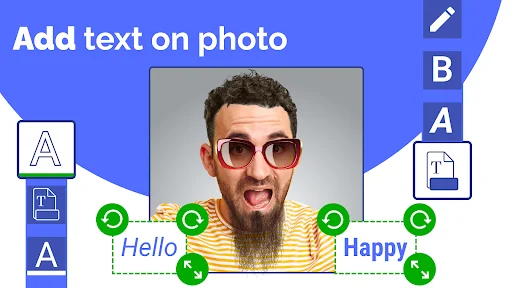 Add text on photo feature with Hello and Happy text examples and font editing tools in Face Changer app
