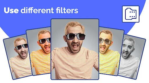 Multiple filter effects showcase with sunglasses styles in Face Changer photography app interface