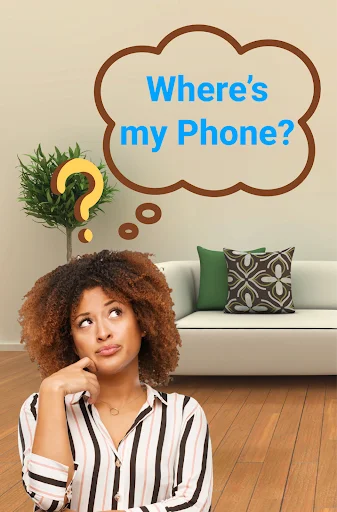 Woman with 'Where's my phone?' speech bubble in living room, introducing the clap-to-find phone finder tool app problem