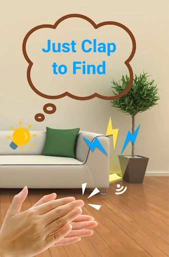 Hands clapping together with sound wave effects and 'Just Clap to Find' speech bubble demonstrating the phone detection feature