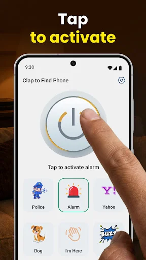 Clap to Find app main interface with activation button and tap-to-activate alarm, displaying multiple sound options for phone finder feature