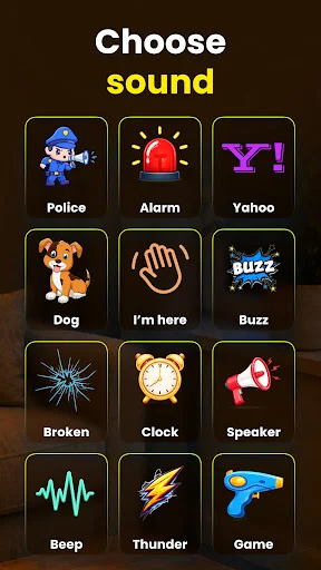 Sound selection grid in Clap to Find app showing 12 different alarm sounds including Police, Alarm, Yahoo, Dog, I'm Here, Buzz, and more
