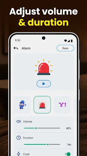 Clap to Find alarm settings screen with volume and duration sliders, play button, and flash notification toggle for finding lost phone