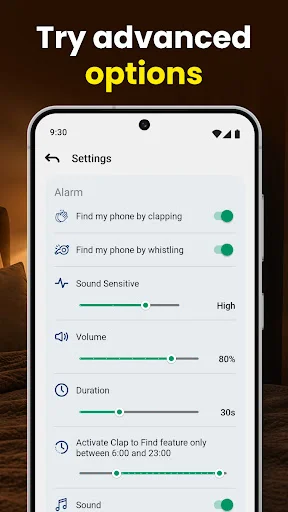 Clap to Find advanced settings showing clapping detection toggle, whistling detection toggle, sound sensitivity slider, and time restrictions
