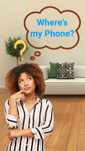 Woman wondering where her phone is with thought bubble, illustrating the problem that Clap to Find phone finder app solves