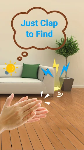 Hands clapping above couch with Just Clap to Find text demonstrating simple phone finder activation through clapping gesture