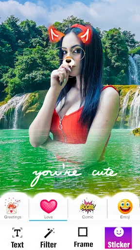 Nature photo editor with waterfall frame, showing text, filter, sticker tools and editing interface