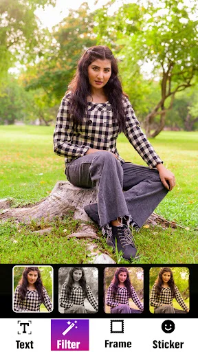 Park photo with filter previews and editing tools - text, filter, frame, sticker options displayed