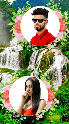 Dual portrait photos in floral frames over waterfall background using nature photo frame editor