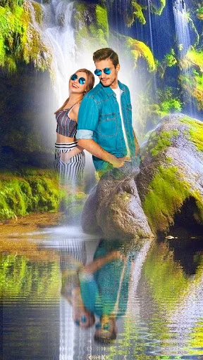 Couple photo composited in waterfall nature scene with reflection effect using photo frame editor