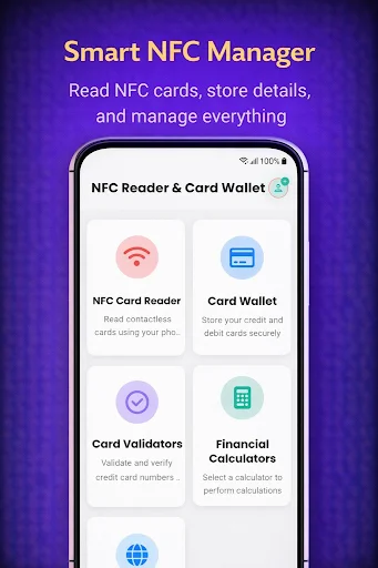 NFC Reader & Card Wallet main menu with NFC Card Reader, Card Wallet, Card Validators, and Financial Calculators feature options