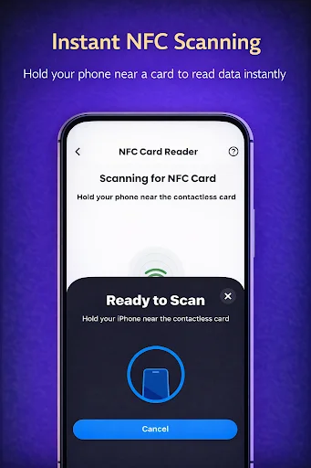 NFC Card Reader scanning interface showing 'Ready to Scan' prompt with blue card icon for reading contactless cards instantly