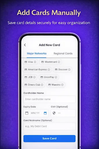 Add Card form with major card network options and fields for cardholder name, expiry date, CVV, and card nickname entry