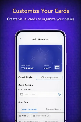 Card customization screen with card design preview, style options, and color change button for personalizing card appearance