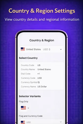Country & Region settings screen with United States selected, displaying currency code USD and regional configuration information