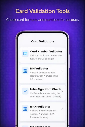 Card Validators menu with Card Number Validator, BIN Validator, Luhn Algorithm Check, and IBAN Validator verification tools