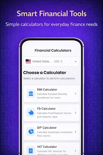 Financial Calculators menu with EMI Calculator, FD Calculator, SIP Calculator, and VAT Calculator for finance management