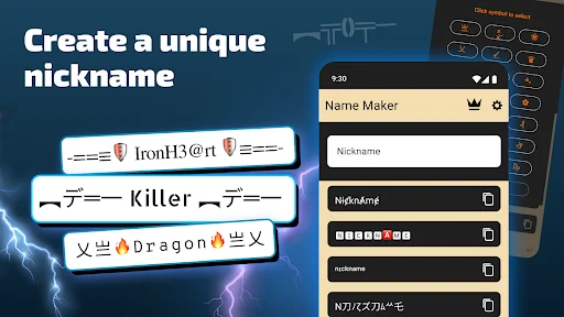 Nickname Maker app creating unique gaming usernames with special symbols and fonts for battle-royale games