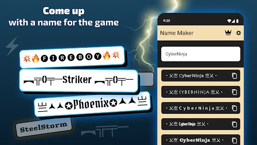Game name generator showing stylish CyberNinja username variations with decorative symbols and fonts