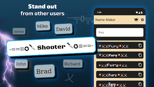 Gamer name creator transforming plain names into stylish nicknames like Fury with special characters