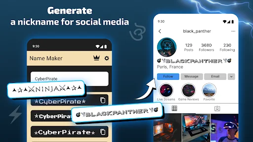 Social media username generator showing customized CyberPirate names for Instagram profiles