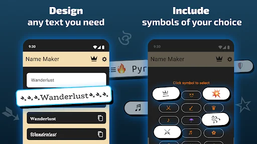 Text design interface with symbol selector for personalizing usernames with custom decorative characters