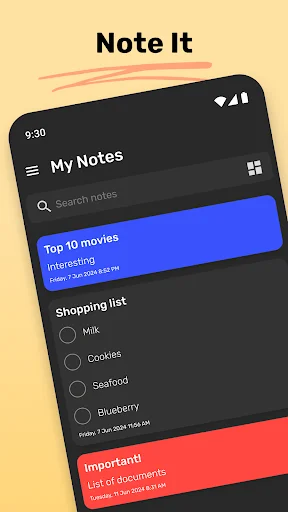 Note It app main screen showing dark mode notes list with color-coded notes, shopping list, and to-do items