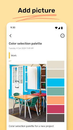 Image attachment feature in Note It displaying workspace photo with color palette for project planning notes