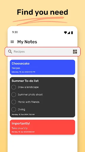 Note It search functionality showing recipe notes with filtered results and category organization features