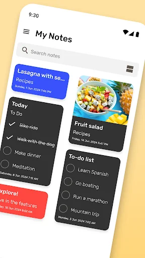 Note It app home screen displaying grid view of notes with images, recipes, to-do lists, and task management features