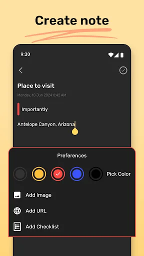 Create note screen in Note It app with color customization, add image, URL, and checklist options for productivity