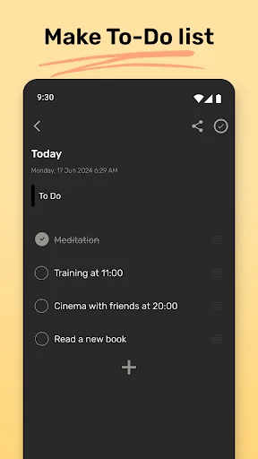 To-do list creation screen in Note It app showing daily tasks with checkboxes and add button for task management
