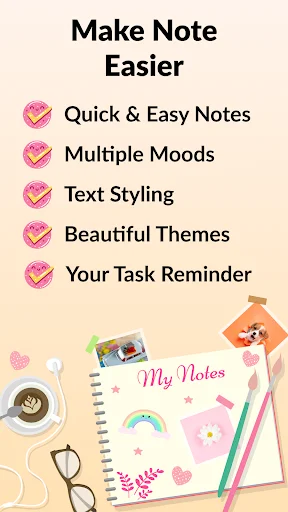 Notepad app features overview: Quick & Easy Notes, Multiple Moods, Text Styling, Beautiful Themes, and Task Reminders