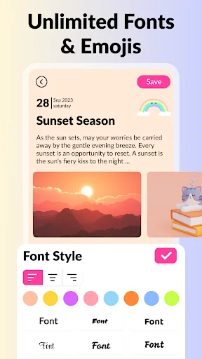 Note editing interface showing font customization with multiple font styles and color palette options for text styling