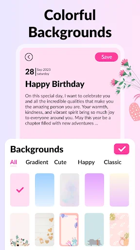 Note editor with Colorful Backgrounds feature displaying background categories and customizable theme options