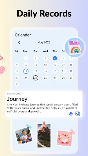 Calendar interface with daily journal entry showing date selection, note preview, and photo attachment options