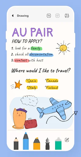 Drawing feature in notepad app with handwritten travel planning notes, sketches, and colored pen tools at bottom